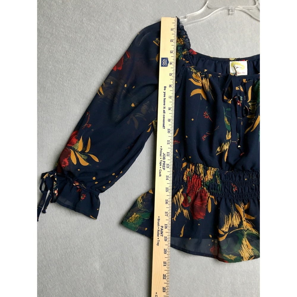 Fig and Flower Navy Floral Smocked Peplum Blouse Sheer Sleeve Petite Small PS - Picture 5 of 7